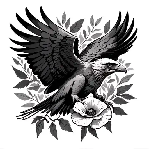 wedge tailed eagle wing spread, gum tree leaves in background holding a poppy flower in talons tattoo design idea