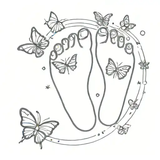 baby foot print with butterflies surrounding tattoo design idea