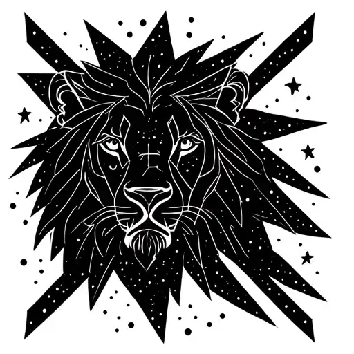 Central Symbol: A Leo constellation drawn in fine lines, with stars shaped like small geometric dots.Lion Element: A mi tattoo design idea