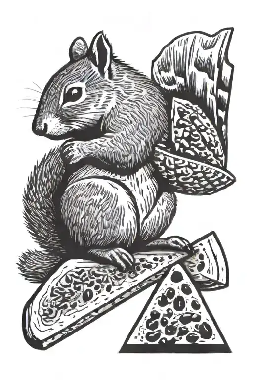 minimalist black and white squirrel eating a triangle slice of watermelon tattoo design idea