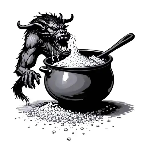 I want a cooking pot with a demon above it pouring salt out of its mouth into the por tattoo design idea