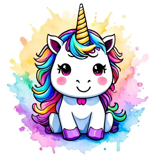 cute chubby sitting unicorn splash color tattoo cartoon tattoo design idea