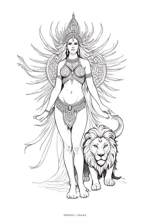 Ishtar goddess full body and lion tattoo design idea