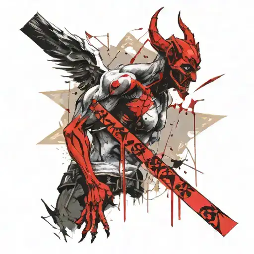 A devil holding a cross towards an angel. tattoo design idea
