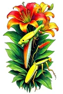 orange, red and yellow lilies intertwined with venus fly trap plants and one praying mantis tattoo design idea