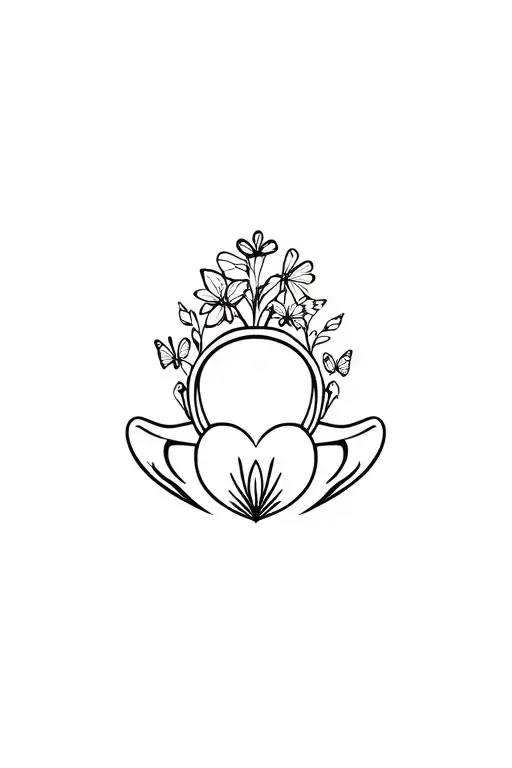 A claddagh ring design with elements of nature like flowers and butterflies tattoo design idea