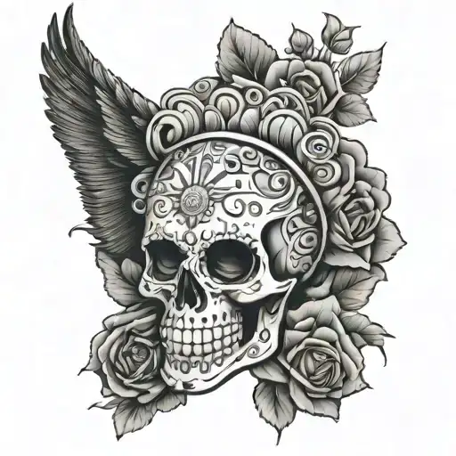 ancient Greek god and Mexican sugar skull tattoo design idea