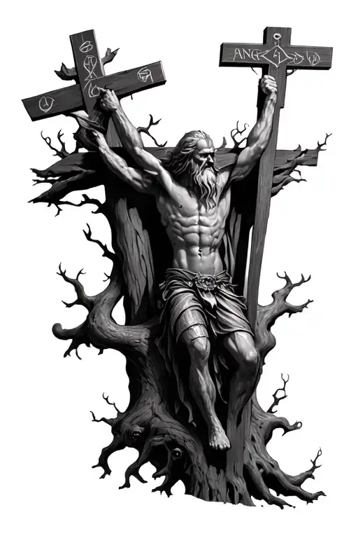 Odin crucified on Yggdrasil, with only one visible eye and surrounded by ANSUZ floating runes tattoo design idea