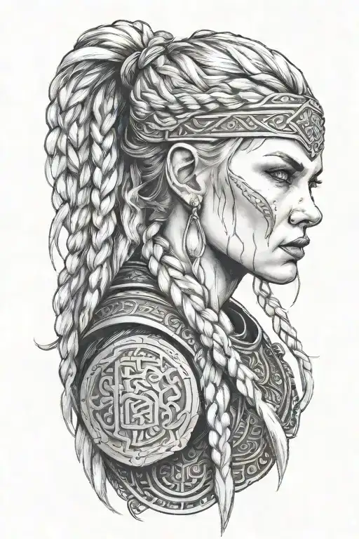 blond viking women with braids tattoo design idea