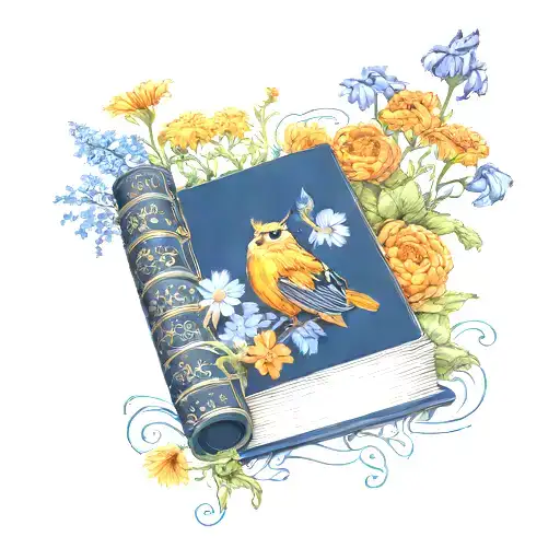 A book with vibrant orange and blue pages, surrounded by chrysanthemum and larkspur flowers tattoo design idea