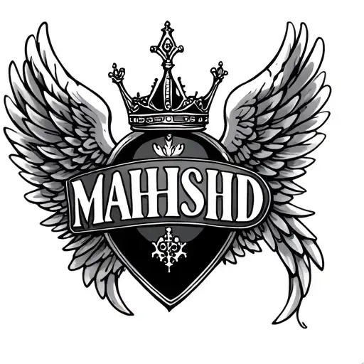 Make a romantic black and white tattoo picture with the word MAHSHID that wears Queen's crown and has angel wings  tattoo design idea