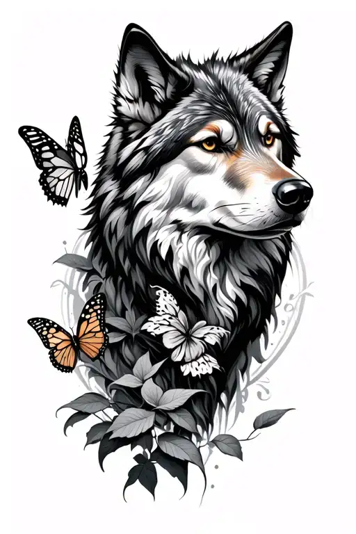 wolf and butterfly emerging stronger tattoo design idea