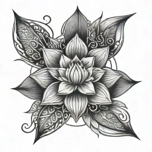 unalome symbol, Lotos flower, moon, star, intertwined tattoo design idea