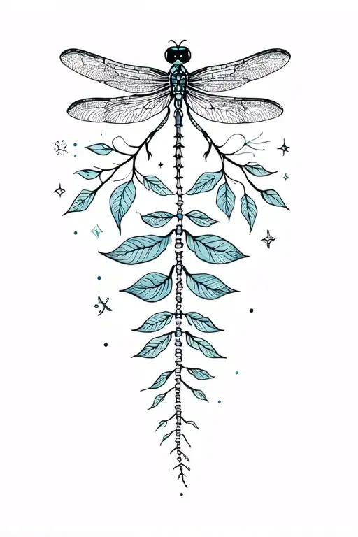 Create me a whole spine tattoo with a dragonfly at the top and leaves under with some tiny stars and sacred geometry ele tattoo design idea