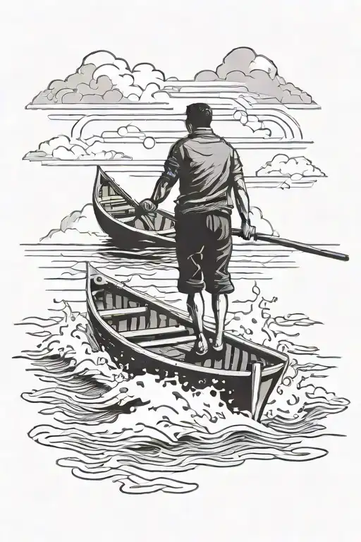 Man rowing a boat away from a storm tattoo design idea