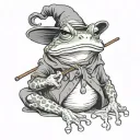 dark fantasy frog wizard. looking relaxed, smoking a pipe holding a staff tattoo design idea