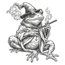 dark fantasy frog wizard. looking relaxed, smoking a pipe holding a staff tattoo design idea
