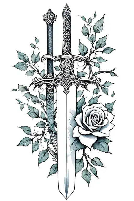 A minimalist design of the Mulan family sword intertwined with a rose from Beauty and the Beast tattoo design idea