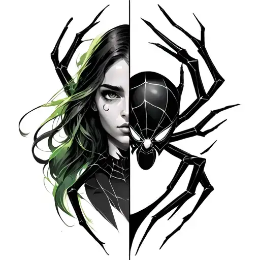 a fantasy character half woman half spider half pistachio tattoo design idea