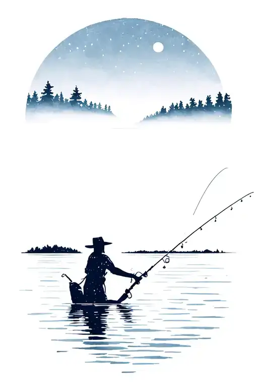 small silhouette of person fishing on lake with clear night sky above  tattoo design idea