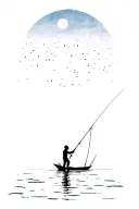 small silhouette of person fishing on lake with clear night sky above  tattoo design idea