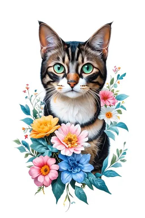 cat and flowers surrounding tattoo design idea