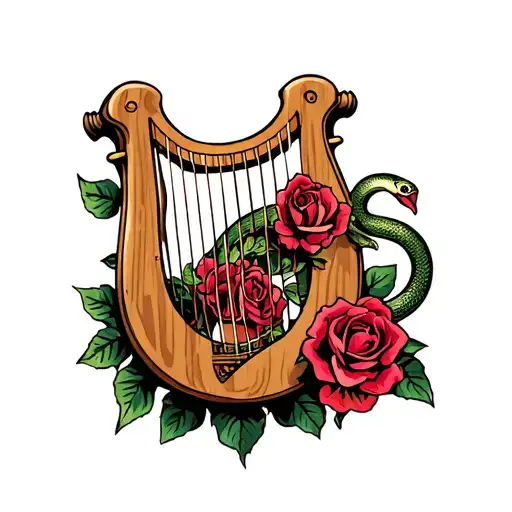 wooden lyre with roses and snake wrapped around tattoo design idea