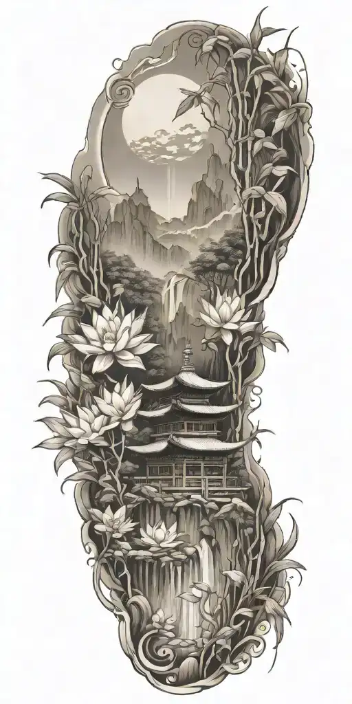 buddhist inpired tattoo with scenary of nature, bamboo, water, and with lotus, koi fish, small budda and spiritual stuff tattoo design idea