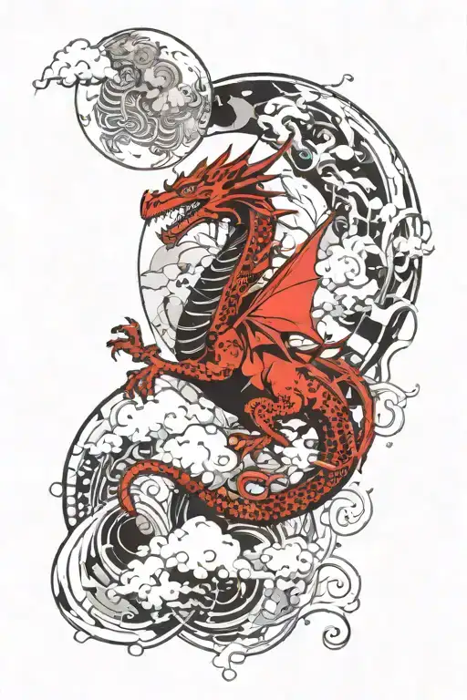 dragons with a moon phase and clouds floating tattoo design idea