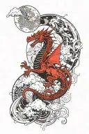 dragons with a moon phase and clouds floating tattoo design idea