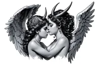 two kissing angels with horns tattoo design idea