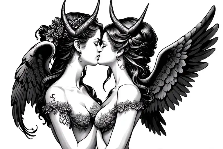 two kissing angels with horns tattoo design idea