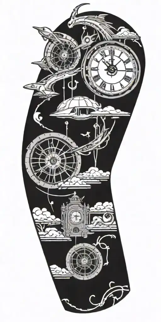 Incorporate gaming and ancient history into a tattoo design inspired by the concept of time travel, featuring iconic symbols from different eras merging together tattoo design idea