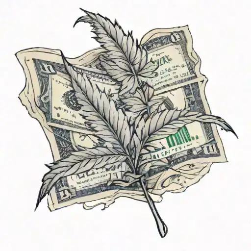 A black and grey tattoo of a weed leaf with dollar bill veins running through it tattoo design idea
