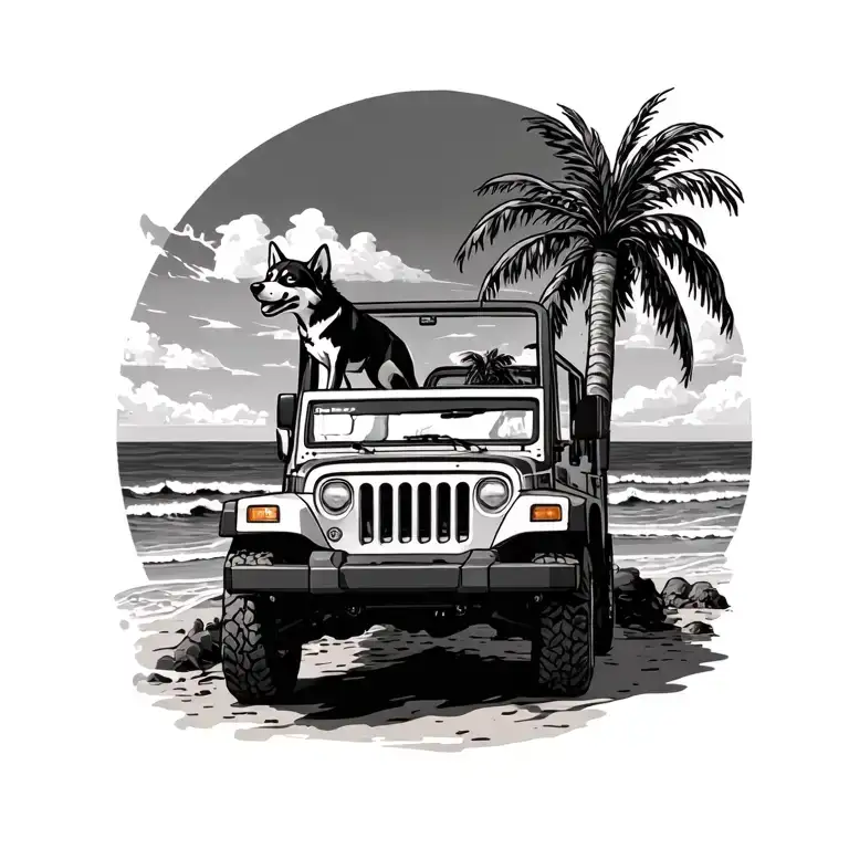 Jeep with palm tree by the ocean with a black husky with white in her face out the window tattoo design idea