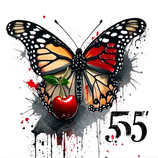 "555" monarch butterfly, 555 inside, red cherry fruit,  tattoo design idea