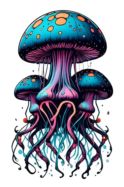 mechanical jellyfish flying drone futuristic, mushrooms tattoo design idea