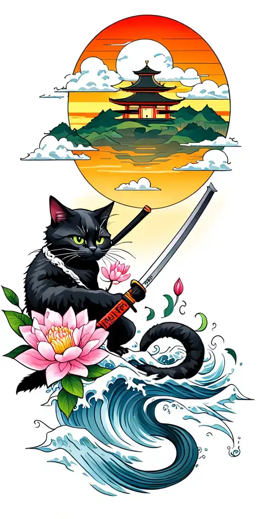 ninja cat holding katana, tail, water, waves, lotus, sakura, clouds, whirlpool, leaves, peony, sunset, pagoda, temple tattoo design idea