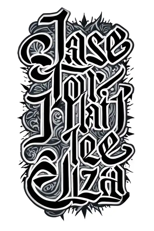 "Jase, Tori, Kat, Joe, Eliza" Arabic Calligraphy Dark with the Word tattoo design idea