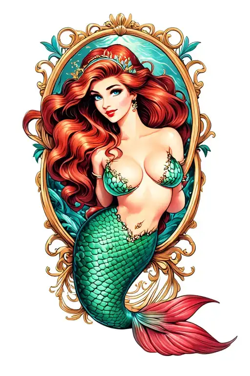 pin up style Ariel little mermaid in an ornate picture fram  tattoo design idea