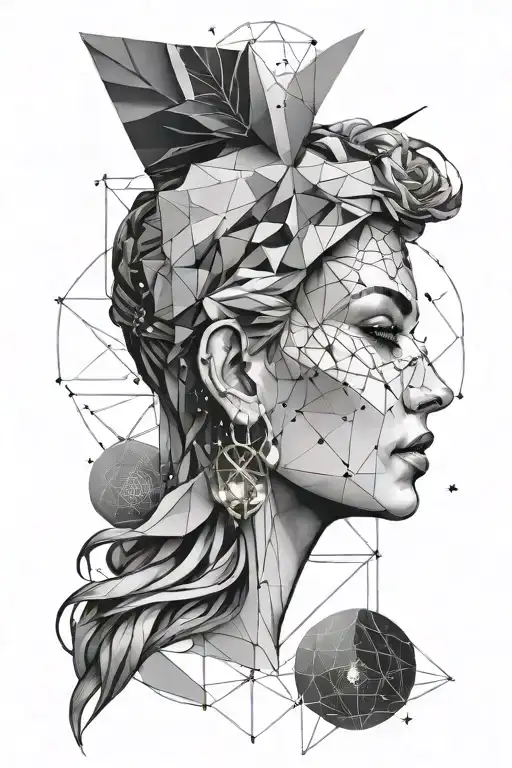 Geometrical design of hera's face with triangles and lines with constellation of cancer tattoo design idea