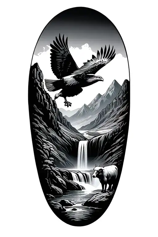 black band at the bottom of the wrist with an hawk flying and a highland cow waterfall and mountains  tattoo design idea