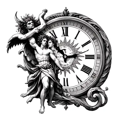 sun, clock, saint michael fighting satan, family tattoo design idea