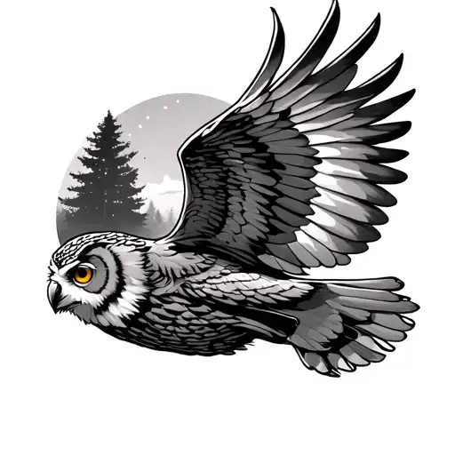 an owl's tattoo with open wings, in flight a realistic image with part of the forest, trees, night sky, on the forearm tattoo design idea