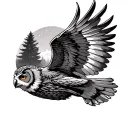an owl's tattoo with open wings, in flight a realistic image with part of the forest, trees, night sky, on the forearm tattoo design idea