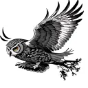 an owl's tattoo with open wings, in flight a realistic image with part of the forest, trees, night sky, on the forearm tattoo design idea