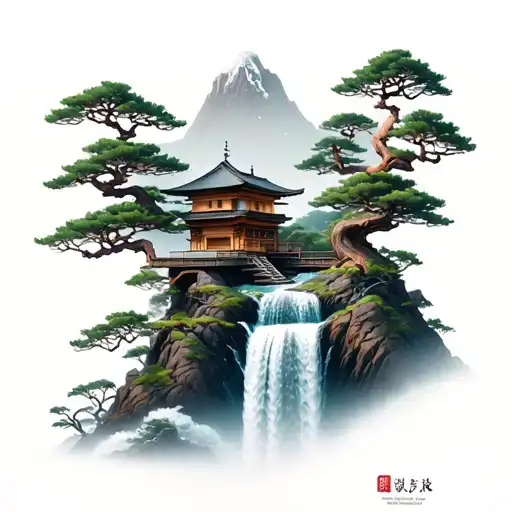 mount paozu with a japanese house on the top of the mountain, a large waterfall and many bonsai trees tattoo design idea
