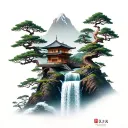 mount paozu with a japanese house on the top of the mountain, a large waterfall and many bonsai trees tattoo design idea