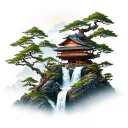 mount paozu with a japanese house on the top of the mountain, a large waterfall and many bonsai trees tattoo design idea