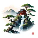mount paozu with a japanese house on the top of the mountain, a large waterfall and many bonsai trees tattoo design idea